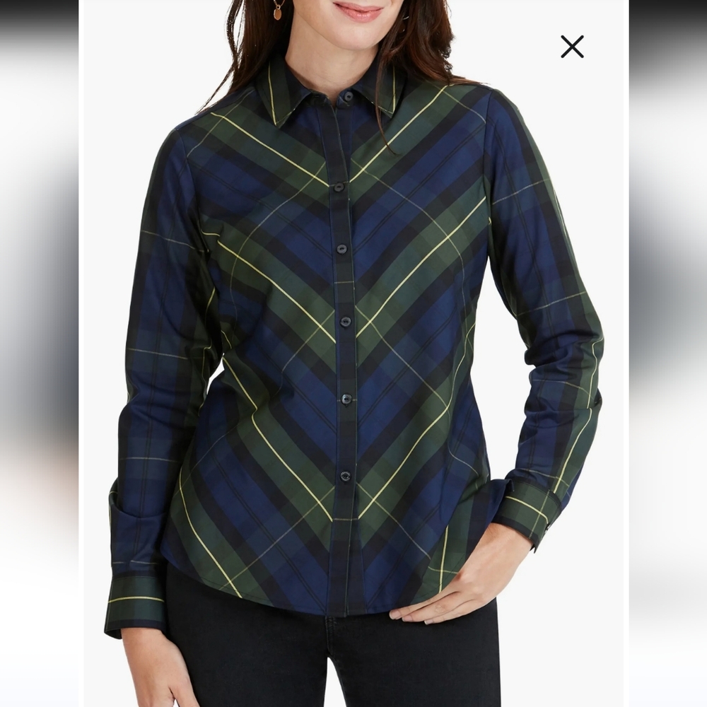 Foxcroft Tina Lenox Tartan Plaid Button Down Shirt Black Blue Green 20W Shaped